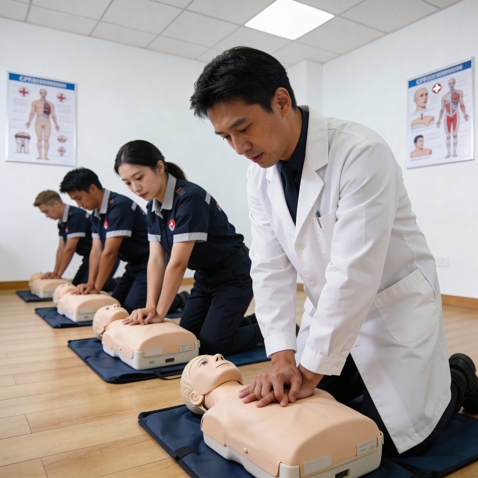 Instructor demonstrating CPR chest compressions on a training mannequin